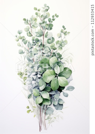 Green leaves and white flowers watercolor painting 112933415