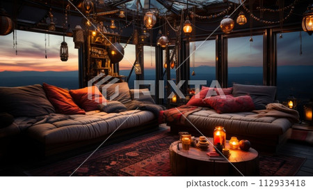 A cozy living room with a beautiful view of the mountains 112933418