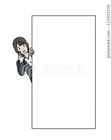 Illustration of a female office worker speaking with her face peeking out Illustration of a female office worker speaking with her face peeking out 112933516