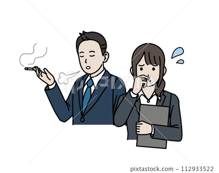 Illustration of a female office worker troubled by cigarette smoke and odor 112933522