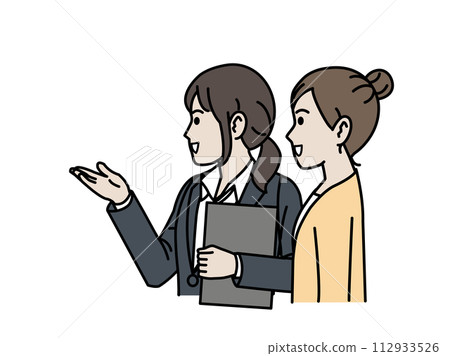 女辦公室職員向顧客引導和解釋的插圖 女辦公室職員向顧客引導和解釋的插圖 112933526