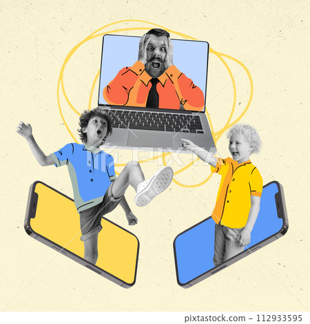Contemporary art collage. Angry teacher in laptop trying to control pupils, schoolboys standing inside smartphones have fun while learning. 112933595