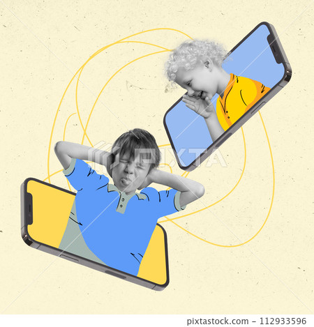 Contemporary art collage. Two little kids in monochrome filter dressed colorful outfits communicating standing inside phones Contemporary art collage. Two little kids in monochrome filter dressed colorful outfits communicating standing inside phones 112933596