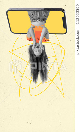 Contemporary art collage. Upside-down shocked girl emerging from smartphone screen against pastel background with doodles. Contemporary art collage. Upside-down shocked girl emerging from smartphone screen against pastel background with doodles. 112933599