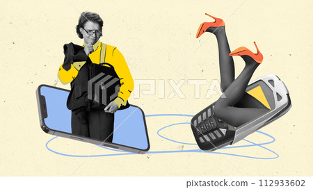 Contemporary art collage. Man emerging from phone screen and another with legs sticking out, both in monochrome with yellow accents. Contemporary art collage. Man emerging from phone screen and another with legs sticking out, both in monochrome with yellow accents. 112933602