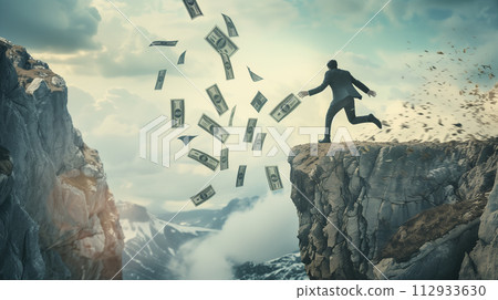 A businessman running on the road chases money flying in the air 112933630