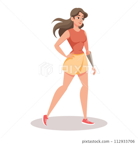 Young disabled woman with a prosthetic arm. Female character with physical disabilities. Illustration, vector 112933706