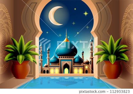 islamic mosque muslims for prayers vector illustration islamic mosque muslims for prayers vector illustration 112933823