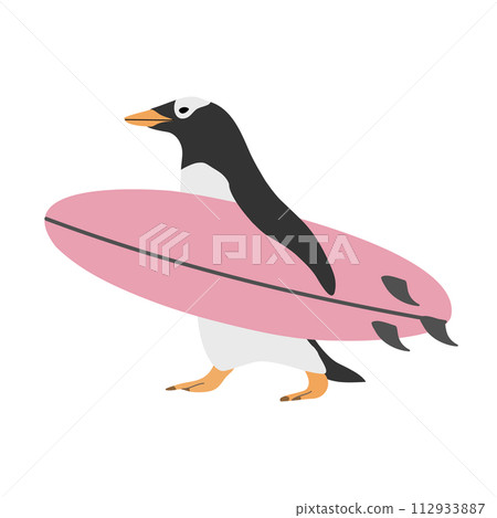 Vector hand drawn flat penguin with surf board 112933887