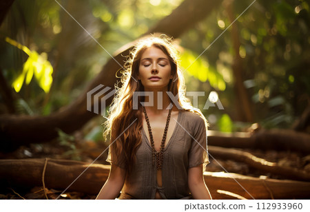 Serene Young Woman Meditating in Sunlit Forest, Spiritual Yoga Practice 112933960