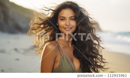 Radiant young Latin woman smiling on a sunny beach, with flowing hair. 112933961