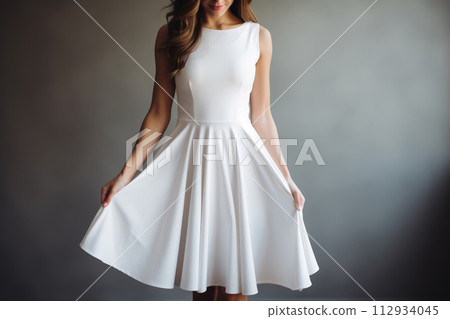 Dress mockup. Blank white medium bodycon dress on girl, front view. Summer sundress template, women's clothing for design, advertising. 112934045