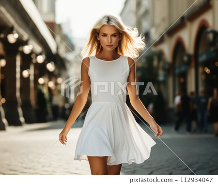Dress mockup. Empty white mid-length fitted dress on a girl walking through the city, front view. Summer sundress template, women's clothing for design, advertising. 112934047