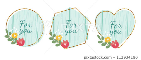 Wooden design elements set with flowers and text For You. Vector light blue wood board, frame, badge, label, shield, signboard collection. Background with text. Vector illustration. 112934180