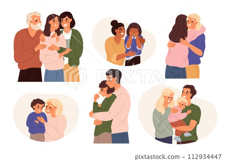 Adults and kids psychological support. Friends comfort sad. Condoling to upset people. Parents reassure depressed children. Hugs and condolences. Empathy and compassion. Garish vector set Adults and kids psychological support. Friends comfort sad. Condoling to upset people. Parents reassure depressed children. Hugs and condolences. Empathy and compassion. Garish vector set 112934447