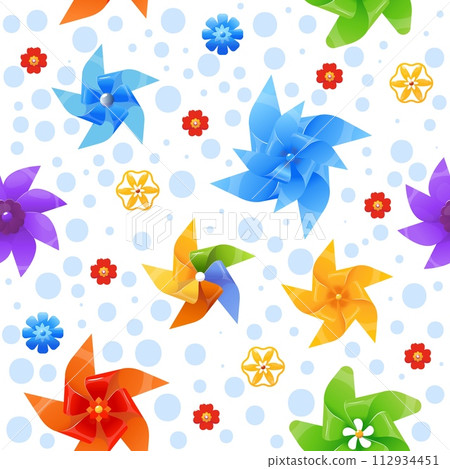 Color pinwheels seamless pattern. Cartoon windmills toys. Repeated print. Spinning origami. Summer kids paper propellers. Rotated fans. Breeze mills twirl. Vane blades. Vector background 112934451