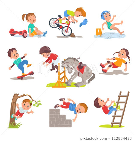 Falling kids. Cute boys and girls stumble and slip. People lose their balance at skateboard or bicycle. Crying children. Injuries and bruises. Teenager climbing tree. Splendid vector set 112934453