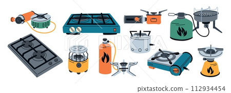 Gas stoves. Travel and hiking portable burners. Cooking outdoors device. Camping furnace. Propane cylinder. Fuel balloon. Touristic kitchen equipment. Fire flame cooker. Garish vector set Gas stoves. Travel and hiking portable burners. Cooking outdoors device. Camping furnace. Propane cylinder. Fuel balloon. Touristic kitchen equipment. Fire flame cooker. Garish vector set 112934454