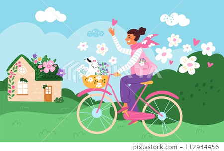 Hello spring. Beautiful girl riding bike. Blooming nature and good weather. Dog at bicycle basket. Change of season. Cute home. Happy biking woman. Summer park. Garish vector concept Hello spring. Beautiful girl riding bike. Blooming nature and good weather. Dog at bicycle basket. Change of season. Cute home. Happy biking woman. Summer park. Garish vector concept 112934456
