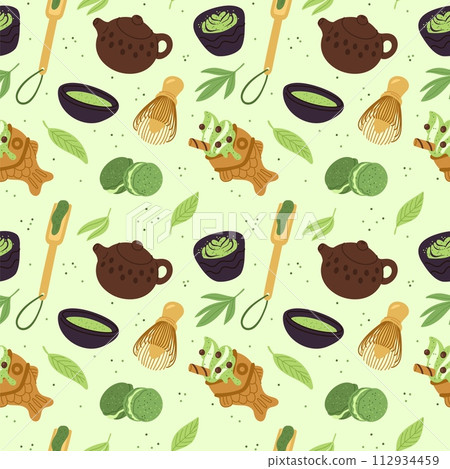 Matcha seamless pattern. Repeated green desserts with tea powder. Drink ceremony. Japanese food. Bamboo whipping pot. Bowls and bamboo spoon. Antioxidant beverage. Garish vector background Matcha seamless pattern. Repeated green desserts with tea powder. Drink ceremony. Japanese food. Bamboo whipping pot. Bowls and bamboo spoon. Antioxidant beverage. Garish vector background 112934459