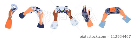 Retro video game controllers in hands. People holding joysticks. E-sports attributes. Electronic playing process. Gamers arms with control gamepad. Videogame glove. Garish vector set Retro video game controllers in hands. People holding joysticks. E-sports attributes. Electronic playing process. Gamers arms with control gamepad. Videogame glove. Garish vector set 112934467