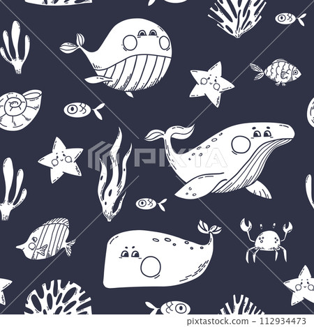 Seamless Pattern with whales, fishes and seaweed. Vector illustration on black background with ocean aquatic animals 112934473