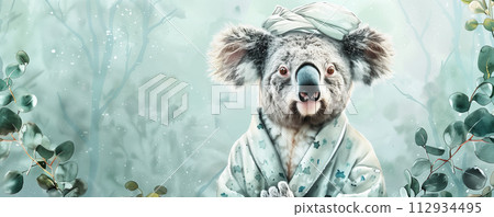 Creative portrayal of a koala in a bathrobe, towel turban, in a eucalyptus watercolor fantasy 112934495