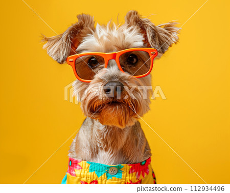 Dapper dog in a bright swim trunks, portrait against a creative, isolated backdrop of summer vibrance 112934496