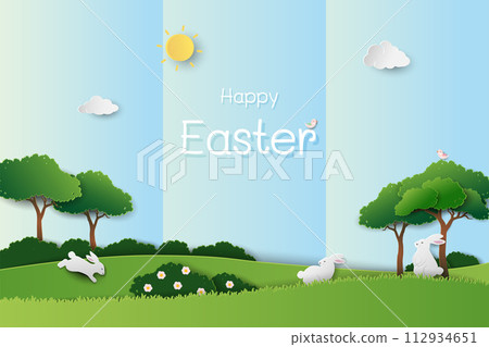 Happy Easter on sunshine day with rabbit family in the garden Happy Easter on sunshine day with rabbit family in the garden 112934651