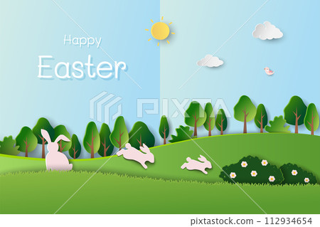 Easter greeting card with cute bunny happy in the garden Easter greeting card with cute bunny happy in the garden 112934654