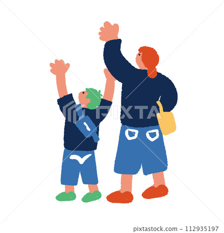Hand-drawn illustration of a parent and child from behind raising their hands in joy 112935197