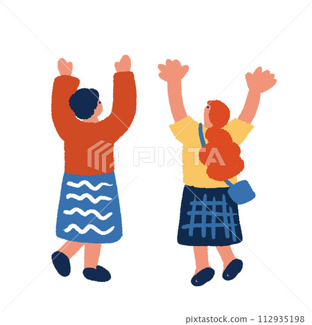 Hand-drawn illustration of the back view of two women raising their hands Hand-drawn illustration of the back view of two women raising their hands 112935198