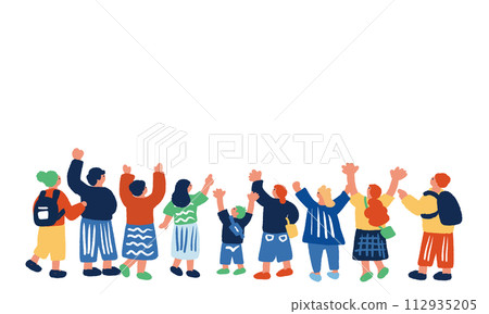 Illustration of people from the back raising their hands and rejoicing 112935205