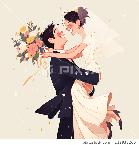 Joyful couple in minimalist wedding attire, sharing a tender moment, simplicity and love Joyful couple in minimalist wedding attire, sharing a tender moment, simplicity and love 112935269