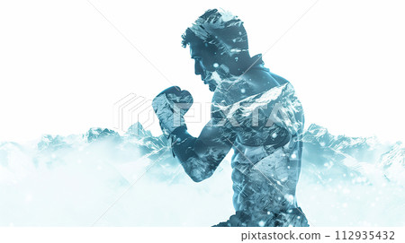 boxer's stance , mountain silhouette double exposure, side view, icy blue tones, isolated. boxer's stance , mountain silhouette double exposure, side view, icy blue tones, isolated. 112935432