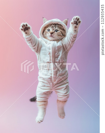 cheerful tabby cat, outfitted in a snug astronaut costume, floating mid-air with a playful demeanor, enhanced by gentle pastel lighting in a studio setting, against an isolated background cheerful tabby cat, outfitted in a snug astronaut costume, floating mid-air with a playful demeanor, enhanced by gentle pastel lighting in a studio setting, against an isolated background 112935435