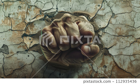 close-up of a wrestler's clenched fist, merged in double exposure with the texture of cracked earth, representing strength, resilience, and the grounding foundation of the sport, set against an close-up of a wrestler's clenched fist, merged in double exposure with the texture of cracked earth, representing strength, resilience, and the grounding foundation of the sport, set against an 112935436