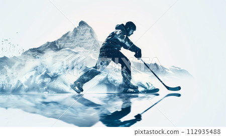 fierce ice hockey player executing a powerful slap shot , mountain silhouette double exposure, side view, icy blue tones, isolated. fierce ice hockey player executing a powerful slap shot , mountain silhouette double exposure, side view, icy blue tones, isolated. 112935488