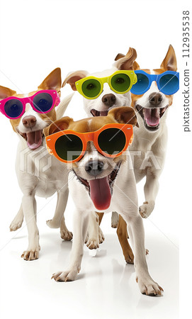 Joyous 3D dogs in a parade, each with oversized colorful sunglasses, emanating happiness, isolated on white 112935538