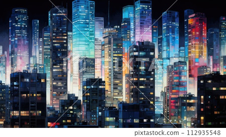 美麗的夜晚建築群水彩畫_4 美麗的夜晚建築群水彩畫_4 112935548