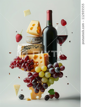 levitating cheese and wine pairing, an assortment of fine cheeses, grapes, and a bottle of red wine, all hovering elegantly, studio lighting casting soft, inviting shadows against an isolated 112935555