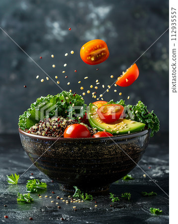 levitating vegan bowl, a colorful arrangement of quinoa, avocado slices, cherry tomatoes, and kale, floating piece by piece in a harmonious composition, illuminated by studio lighting against an 112935557