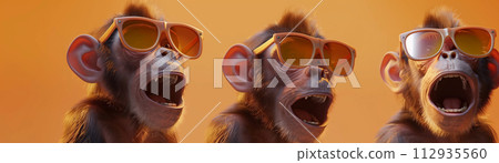Playful 3D-rendered monkeys clad in radiant sunglasses, interacting joyfully on a clean, isolated stage 112935560