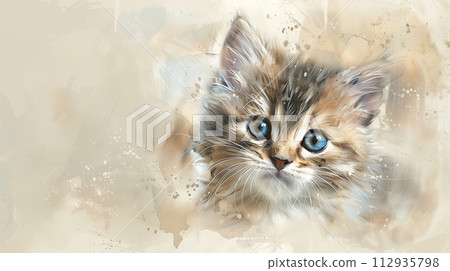Fluffy kitten amid pastel watercolor, eyes gleaming, inviting cuddles, studio lit, ample copy space 112935798