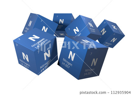 Nitrogen, 3D rendering of symbols of the elements of the periodic table, atomic number, atomic weight, name and symbol. Education, science and technology. 3D illustration 112935904