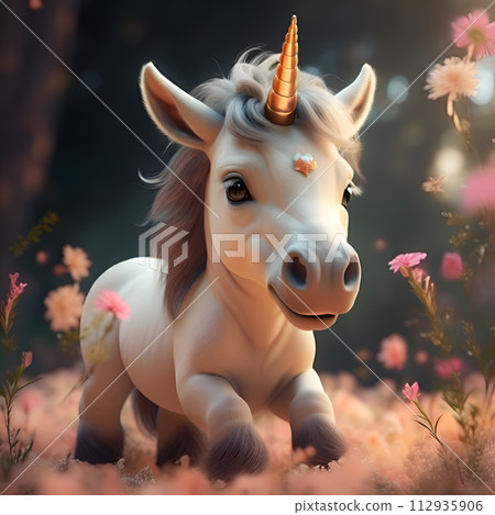 cute adorable Unicorn baby against miracle field  background. Digital artwork. Ai generated 112935906