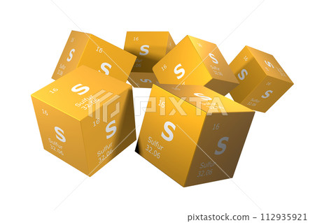 Sulfur, 3D rendering of symbols of the elements of the periodic table, atomic number, atomic weight, name and symbol. Education, science and technology. 3D illustration Sulfur, 3D rendering of symbols of the elements of the periodic table, atomic number, atomic weight, name and symbol. Education, science and technology. 3D illustration 112935921
