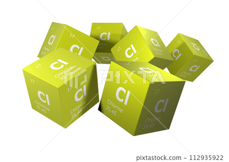 Chlorine, 3D rendering of symbols of the elements of the periodic table, atomic number, atomic weight, name and symbol. Education, science and technology. 3D illustration 112935922