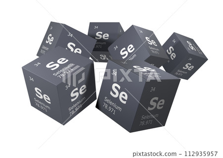 Selenium, 3D rendering of symbols of the elements of the periodic table, atomic number, atomic weight, name and symbol. Education, science and technology. 3D illustration 112935957