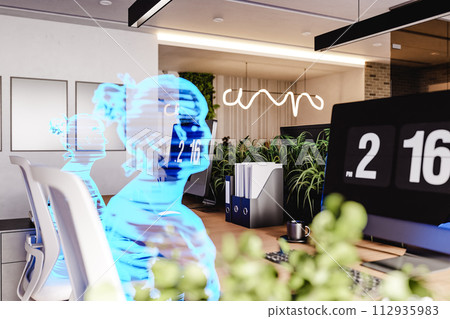 Modern workplace with human holograms sitting on chairs, AI concept. 3d render Modern workplace with human holograms sitting on chairs, AI concept. 3d render 112935983
